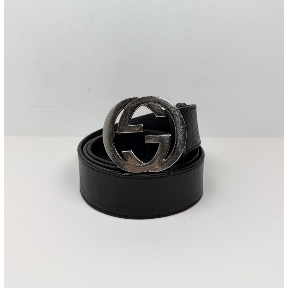 Size 100/40 - Gucci Black Silver Leather Interlocking G Buckle🖤 100% Authentic!